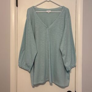 J. Jill Women's Plus Cotton Button-Front V-Neck Tunic Shirt Top 4X Blue/Green